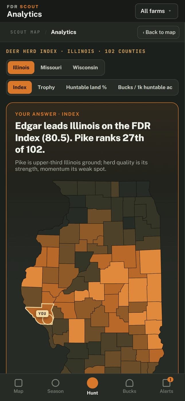 County analytics on a phone: the FDR Deer Herd Index with county rankings