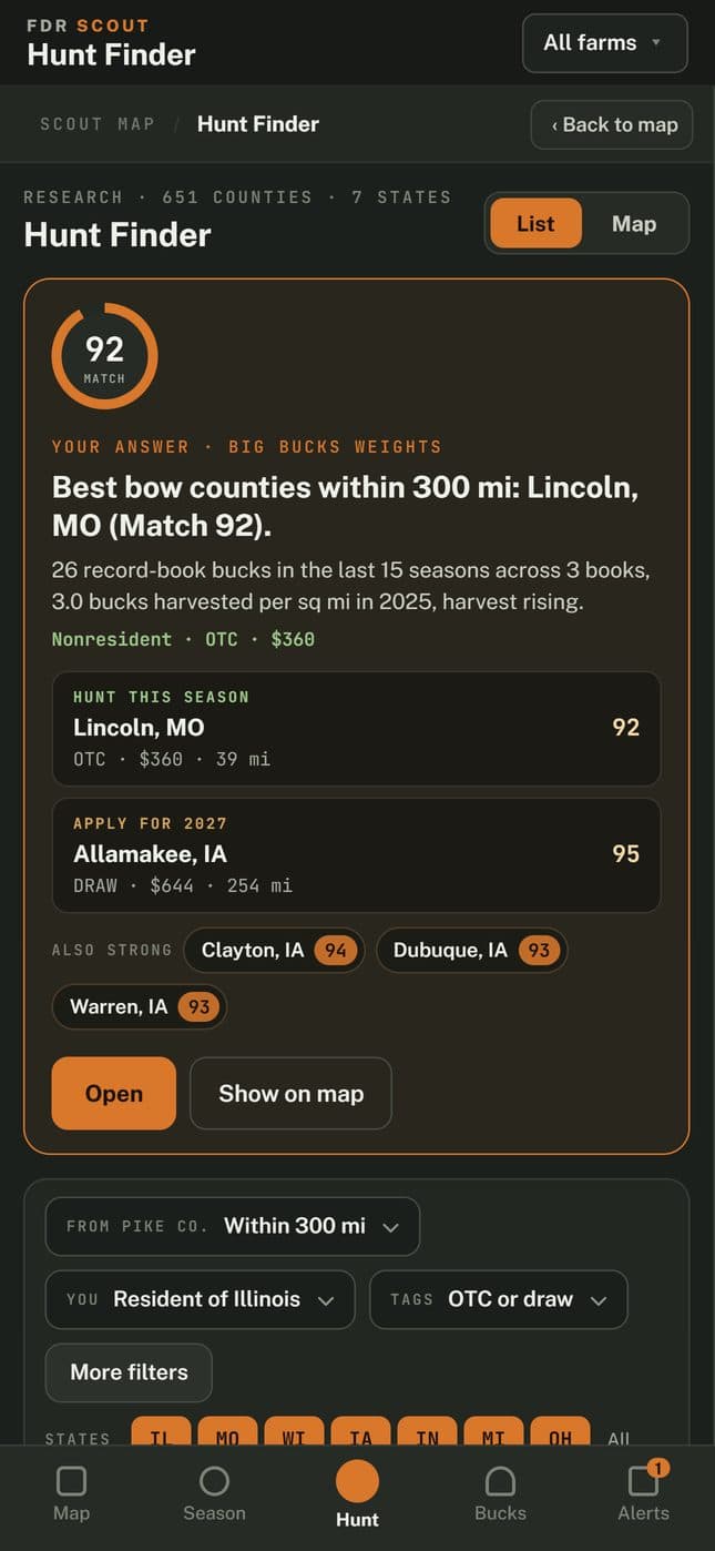 Hunt Finder on a phone ranking the best bow counties within 300 miles