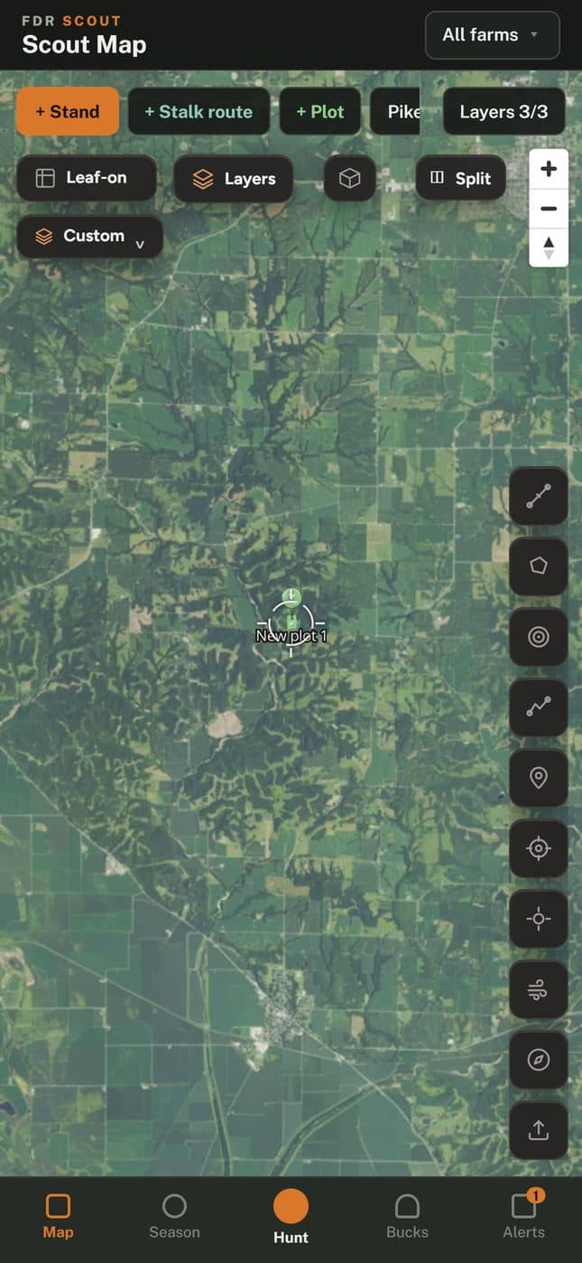 Scout map on a phone: aerial imagery of timber and fields with the stand, route and plot tools