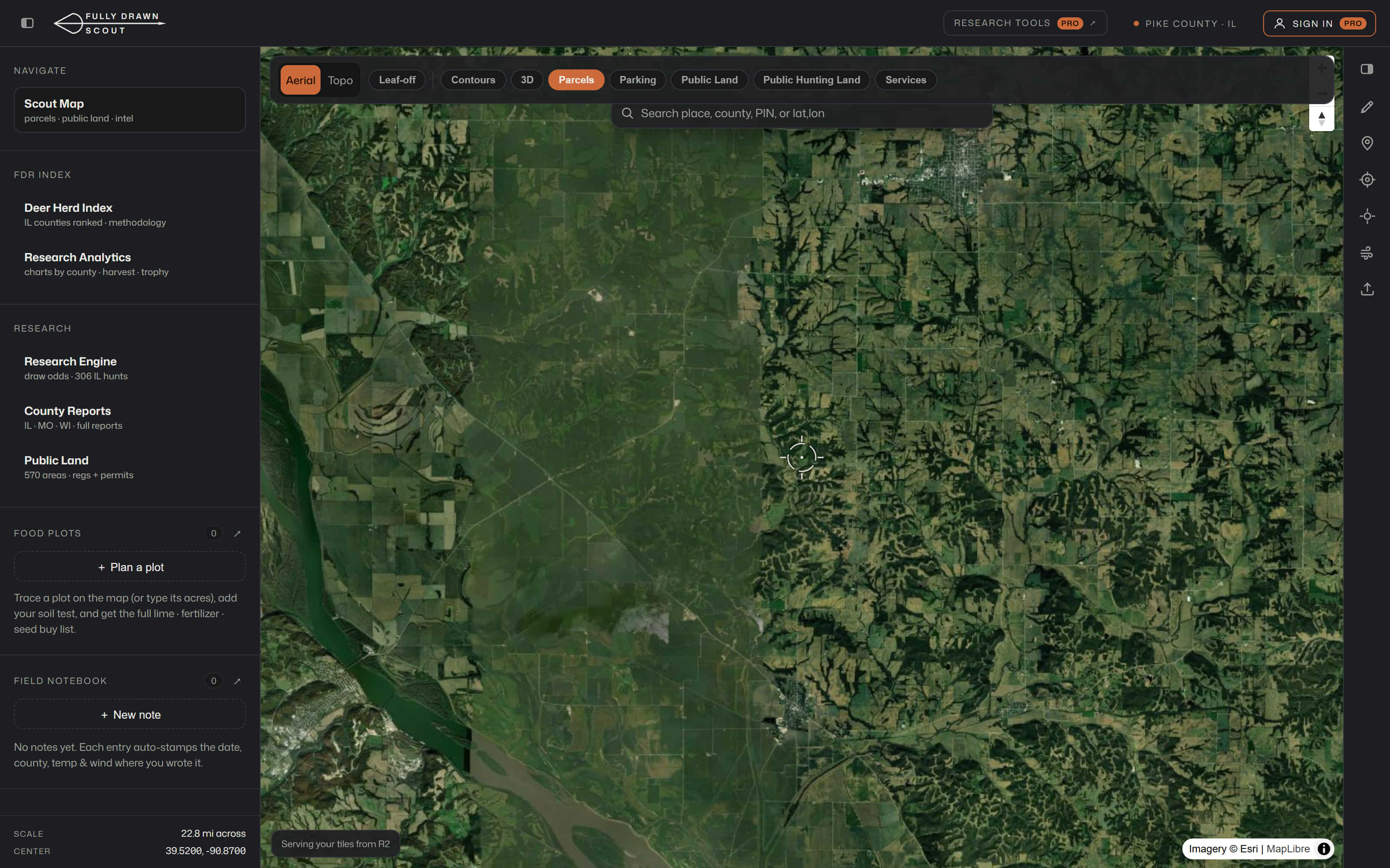 Scout app interface showing an aerial map over Pike County, Illinois with layer controls