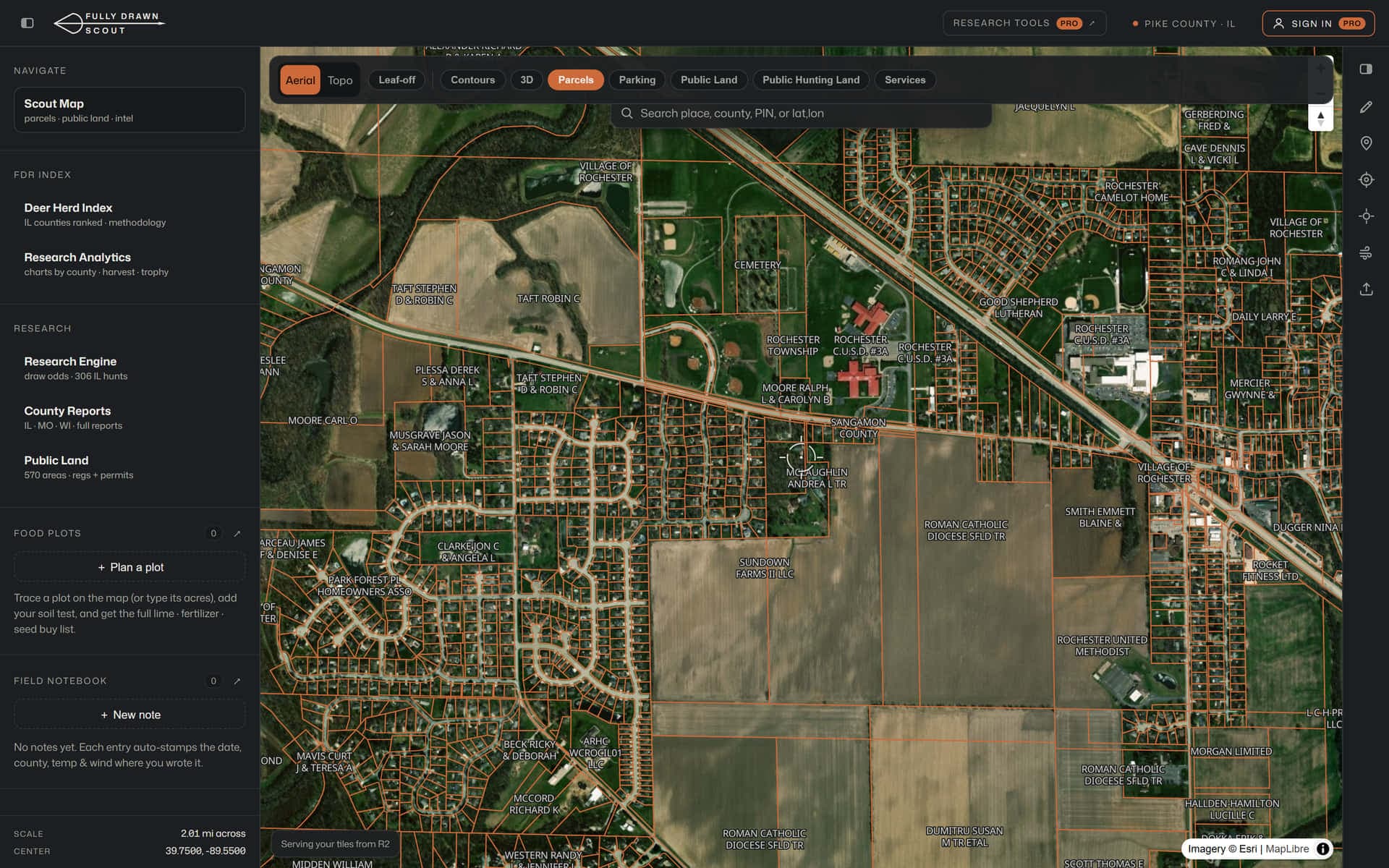 Scout map showing parcel boundaries with landowner names in Sangamon County, Illinois