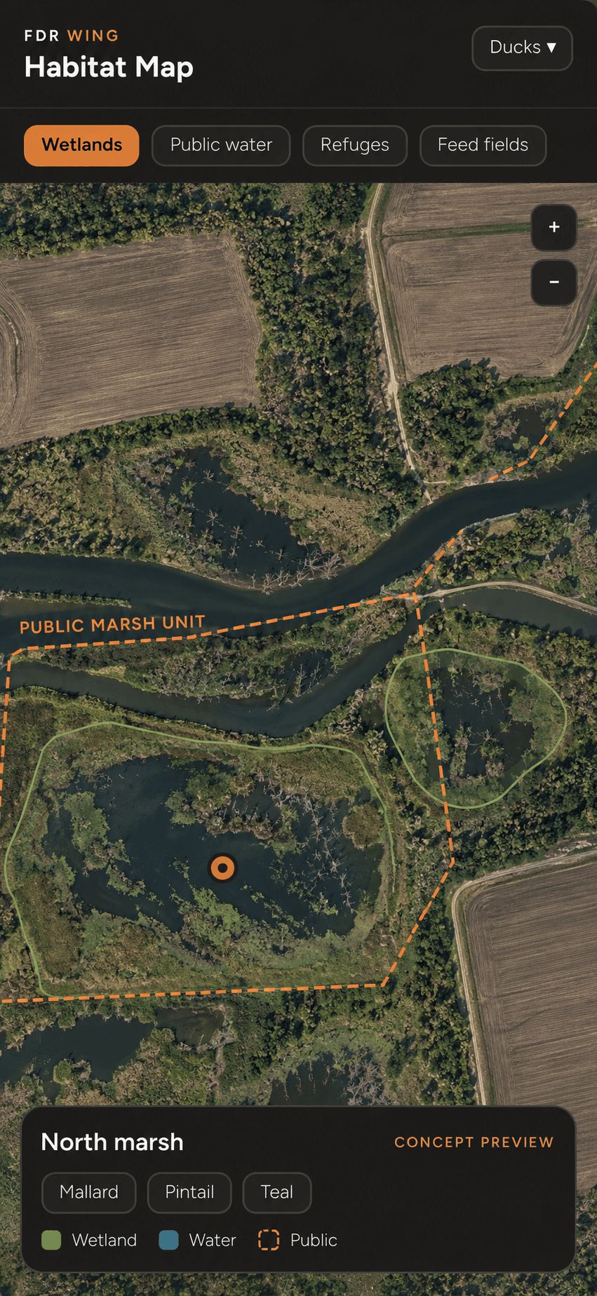 Concept preview of a bird habitat map with wetlands, public water and illustrative flight lines