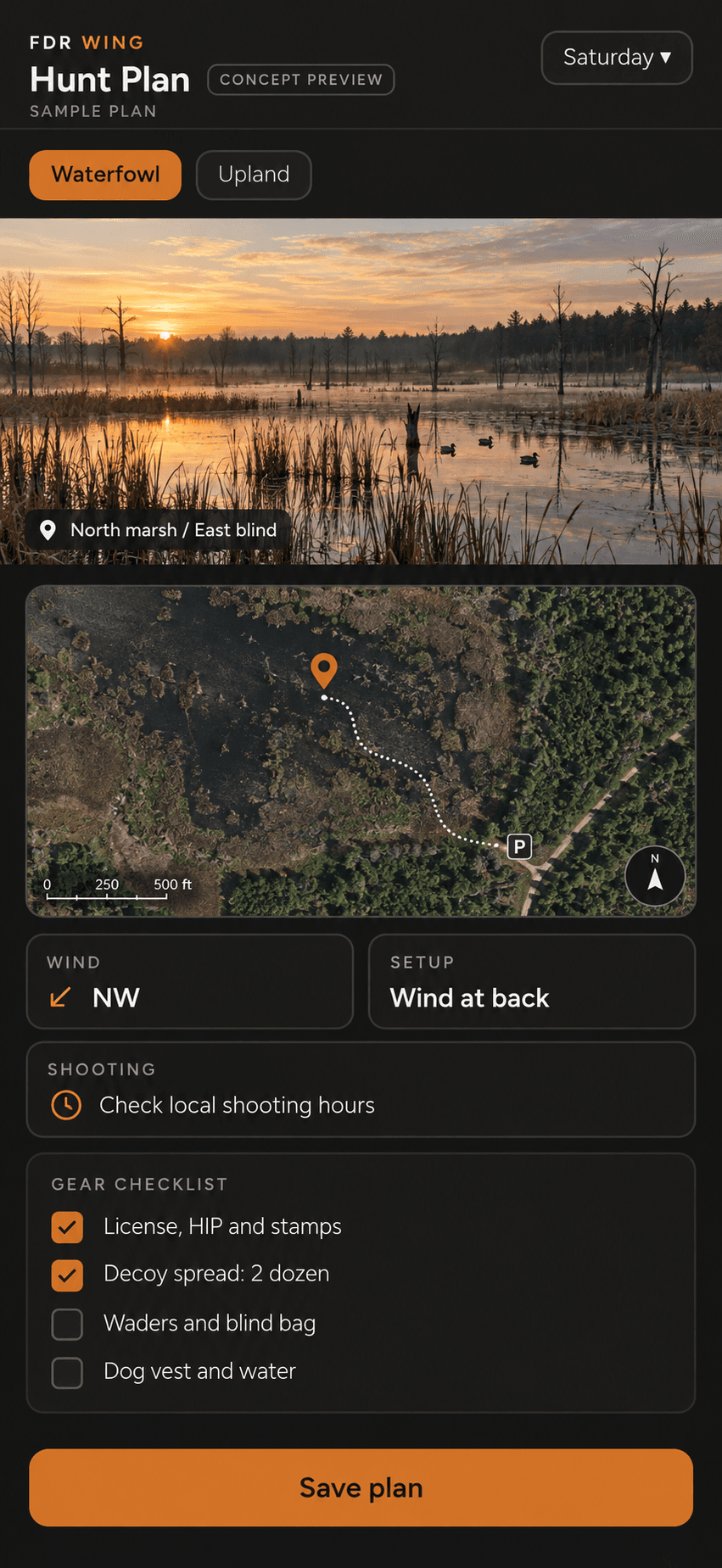 Concept preview of a hunt plan with a marsh photograph, satellite-style route preview, wind and a gear checklist