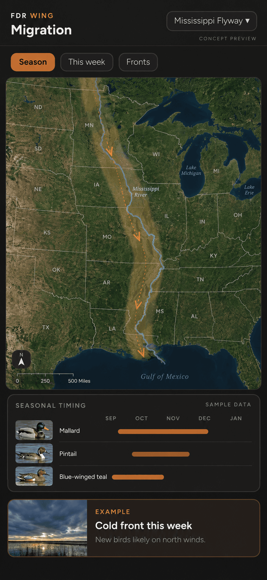 Concept preview of a seasonal migration timeline with sample species timing and an example alert